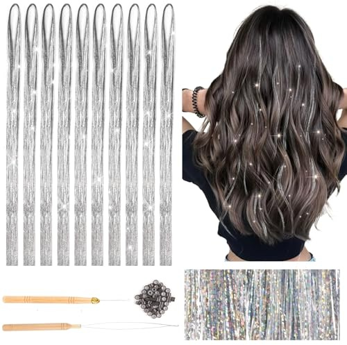 Deepton 2000 Hair Tinsel, 120cm Glitzer Haarsträhnen mit Werkzeug, Haar Lametta Set, Mädchen & Kinder Haarlametta, Glitzersträhnen für Haare für Frauen Kinder Cosplay Party Zubehör, Silber