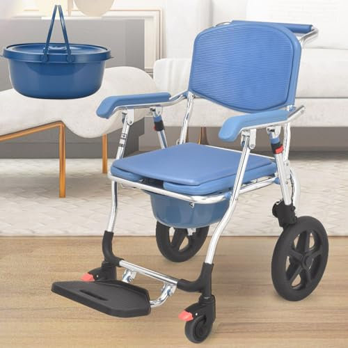 Miuxe Fahrbarer Toilettenstuhl Mit Sperren Rollen, Klappbarer Duschstuhl Toilettenrollstuhl Mit Abnehmbarem Eimer, Toilettenstühle Toilettengestell Für Behinderte Und Senioren, Bis 150Kg Belastbar