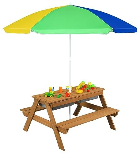FANTASK Tavolo da picnic 3 in 1 per bambini, tavolo da giardino con ombrellone e panca, set di seggiolini per bambini in legno con tavolo rimovibile e 2 scatole da gioco