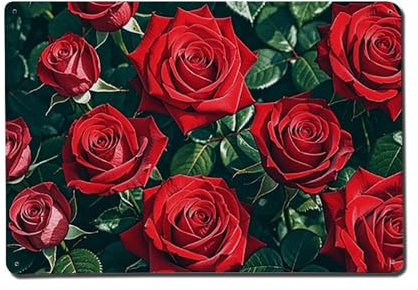 JKLQWH Vintage-Wandkunst zum Aufhängen, Wanddekoration, Gemälde, rote Rose, romantisches Aluminium-Blechschild für Garten, Hinterhof, Terrasse, Outdoor, Heimdekoration