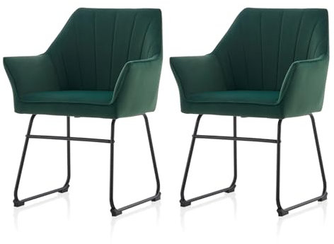 TUKAILAI Esszimmer Stuhl mit Sitzfläche aus Samt, Armlehnstuhl, Sessel Wohnzimmer, Gemütlicher Küchenstuhl Polsterstuhl mit Armlehnen Rückenlehne Metallbeinen (1, Grün)