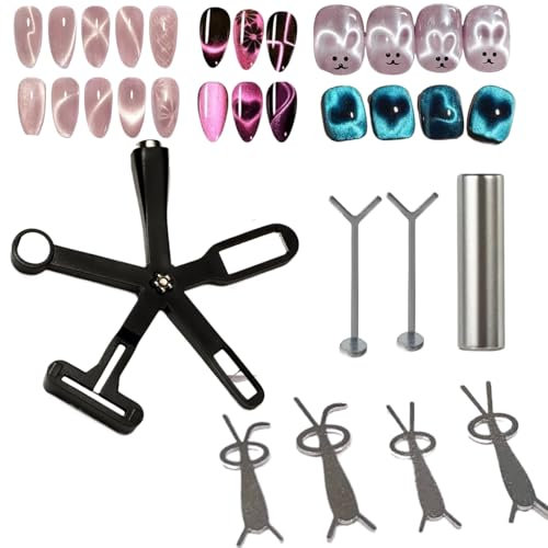 QCBFN 8 Stück Cat Eye Magnet Satz, Cateye Magnet Set, Nagel Magnets, 6 in 1 Multi Funktions Katzenaugen Nagellack Magnets, Nailart-DIY-Werkzeuge, Zylindrisch Magnetstifte mit Hase und Herz