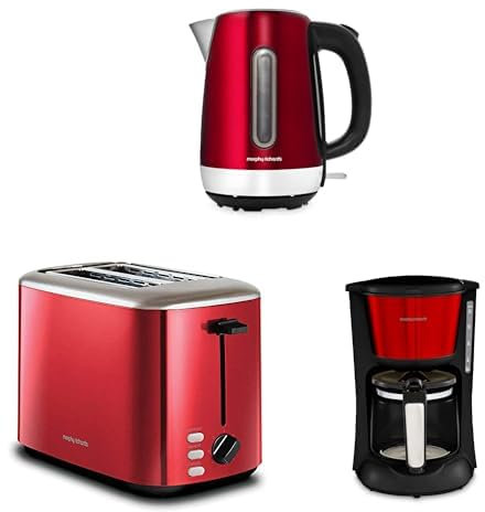 Morphy Richards Equip Bundle, Kettle, Toaster and Filtered Coffee Machine, 1.7L Fast Boil Jug Kettle, 2 Slice Variable Browning Toaster, Perfect Pour Filter Coffee Maker, Red 102785|222066|162503