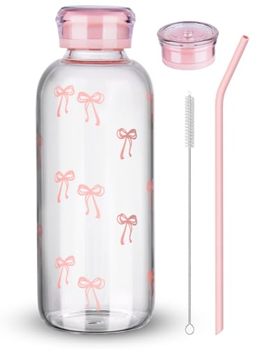 NiHome 25oz/750ml Pink Bow Glass Water Bottle with Silicone Straw, 2 Lids, Cleaning Brush, Borosilicate Glass for Hot and Cold Drinks, Leak-Proof Reusable Bottle for Travel, Gym, Office, School, Home