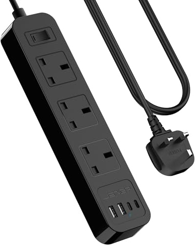 JSVER Extension Lead with USB C Slots, Power Strip with 3 Way Outlets and 2 USB C Fast Charger(5V 3.4A), Extension Lead with Switch, 2M Extension Cable for Home, Office-Black