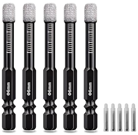 5Pcs 6mm Diamond Drill Bits Set, 6mm tile drill bit Porcelain Tile Drill-Bit with 1/4 Hex Shank, Diamond Dry Drill Bits for Porcelain Tiles, Drilling Granite, Ceramic, Marble, Stone, Glass, Hard Tile