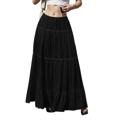 Damen Röcke Maxi Sommer Rock Baumwolle und Leinen Strandrock 4 Tiered Elegant Freizeitrock Elastic Waistband A-Linie Lang Boho Rock Gestuft Faltenrock Maxirock für Party Urlaub Strand (A02 Black,M)
