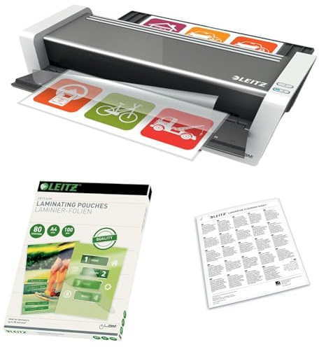 Leitz iLAM Set A3 Laminiergerät Touch 2, Vollautomatisches High Speed Premium Laminiergerät, 74744000 + Laminierfolien A4 80 mic 100er Pack, 33818 + Premium A3/A4-Reinigungsblätter 5er-Pack, 72550000
