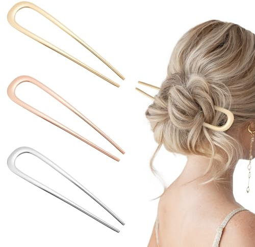 ZOUIQSS 3 Stück Französische U-förmige Haarnadeln,2-zackige Metall-Haarnadeln für Damen,Haar-Dutt-Stick,Accessoires für Damenfrisuren (Farbe 1)