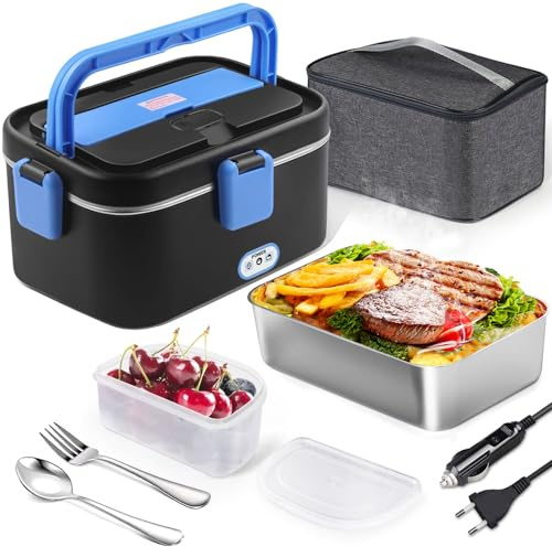 AUTOPkio Gamelle Chauffante 1,8L, 12V 24V 220V 80W Boîte à Lunch Electrique | avec Sac Acier Inox Fourchette Cuillère pour Bureau Voiture Camion (Noir-Bleu)