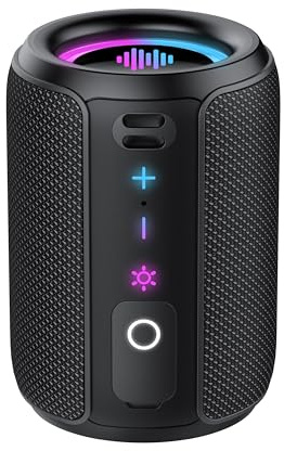 Altavoz Bluetooth Potente 5.4, 10W Pequeño Portatil Altavoz Bluetooth, Luces LED de Colores Inteligentes, 360° Sonido Estéreo TWS, 10H de Reproducción, Impermeable IPX7, para Exterior/Viajes/Fiestas