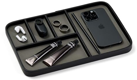 Nordik Plateau de rangement en cuir - Noir galet - Plateau vegan en cuir de grande taille de 30 x 20 cm - Élégant organisateur de table de chevet pour hommes - Moderne caddy de chevet - EDC catchall