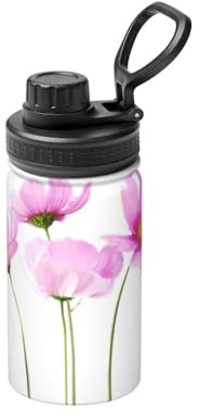Bouteille d'eau isotherme en acier inoxydable avec imprimé fleurs roses et feuilles - 355 ml - Pour l'école, l'extérieur
