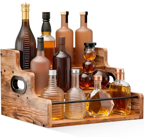 Xinxinphi Estante Expositor Botellas Licor con Vallas y Asas, Organizador Exhibición Madera 3 Niveles, Soporte Vino Encimera Bar, Estantes para Perfumes, Café, Siropes, Accesorios (Marrón)