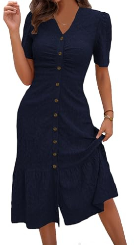 QUNERY Vestido Mujer Verano Elegante Manga Corta Vestido con Botones Vestidos Playero Elegante Dobladillo con Volantes Casual Dress