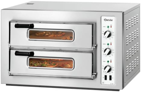 Bartscher Pizzaofen NT 502 mit 2 Backkammern aus Schamotte, Ober-/Unterhitze regelbar, für 8 Pizzen Ø 25 cm, 400 V, silber