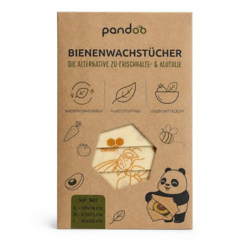 pandoo Bienenwachstücher 3er-Set – wiederverwendbar für Lebensmittel | Drei formbare Wachstücher in verschiedenen Größen zum Einwickeln und Abdecken von Lebensmitteln