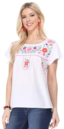 unik Women Traditional Puebla Mexican Embroidered Blouse White