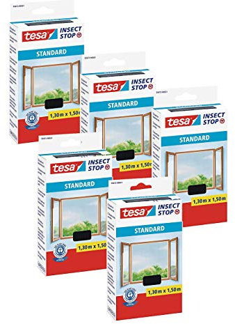 tesa® Insect Stop Standard Fliegengitter für Fenster - Insektenschutz zuschneidbar (5er Pack - Anthrazit (Durchsichtig), 1,3m:1,5m)