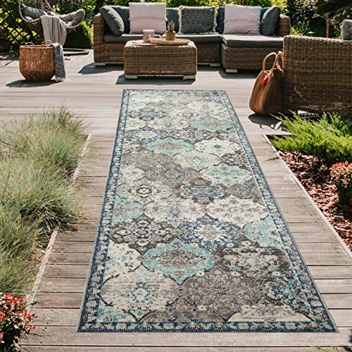 Teppich-Traum Orientteppich für Indoor Flur & Outdoor Balkon | wunderschöne Ornamente | grau blau Größe 80 x 300 cm