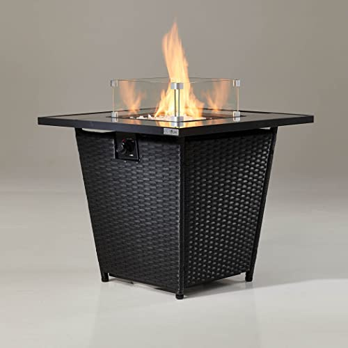 REALGLOW Glassport Rattan Table Gas Fire Pit 13KW with Windshield | Rattan Table Propane Gas Fire Pit with Windshield, Standing Garden Firepit for Patio Dining