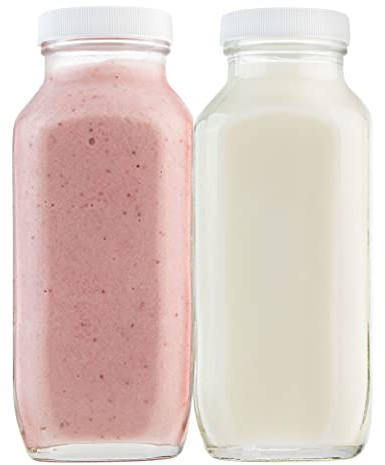 kitchentoolz 16oz Square Glass Milk Bottle with Lid - Glass Jars with Airtight Lid used for Milk Container, Yogurt, Smoothies, Juice, Kefir, & Water -2 Pack 16 oz Glass Bottles with Lids
