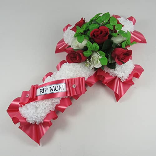 Customisable Funeral Tribute Cross in artificial carnations with mixed rosebud spray