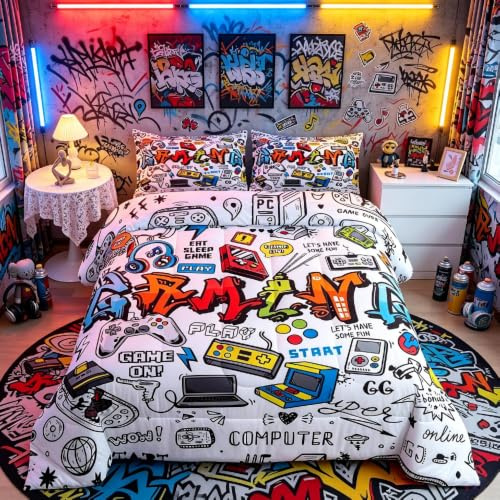 Gamer Set di biancheria da letto multicolore Graffiti Gamepad Biancheria da letto Piumone Giovani Uomo Bambini Reversibile Piumino Hip Hop Set Letto Decor Trapunta Set 135x200cm