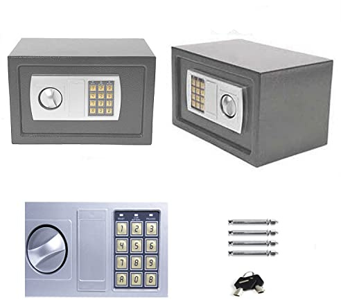 Caja Fuerte de Seguridad con Llave y Código de Seguridad(3 a 8 Dígitos) Caja Fuerte Hotel - Hacer de 2mm Acero Macizo & Puerta de Entrada de 4mm de Grosor Caja Fuerte Grande - 31x20x20cm, Gris