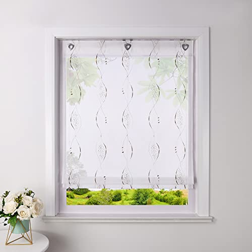 Heichkell Raffrollo ohne Bohren Voile Raffgardine mit Ösen Transparenter Vorhang mit Hakenaufhängung Ösenrollo mit Moderner Stickerei Braun BxH 80x140cm