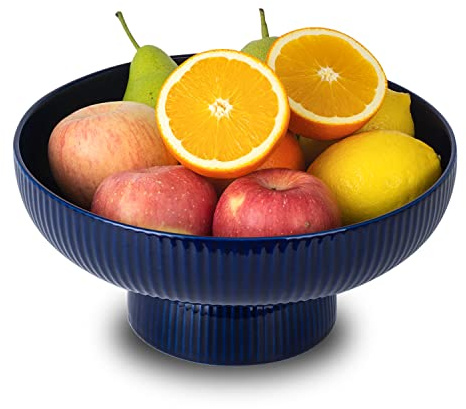 Ceramic Fruit Bowl for Kitchen Counter, Large Fruit Basket with Hole, Navy | 10 Large Fruit Basket with Removable Pedestal, Decorative Fruit Bowl for Table Countertop, Fruit and Vegetable Holder