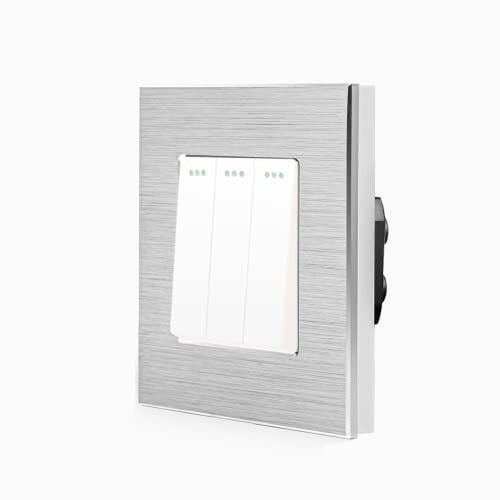 Luxus-Time Wipp 3-Fach Lichtschalter Ein/Aus 3er Schalter inkls. Design Aluminium Rahmen 1 Fach Einbau dreifach Kippschalter für die Unterputzdose in weiß Silber