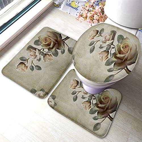 rutschfeste 3 Badteppich Set Rose Vintage Retro Blume Dekorative Natur Blätter Romantisch rutschfeste Fußmatte Set Anti-Rutsch Weiche 3-Teiliges Badteppich-Set, Für Dusche, Wc-Sitz Bezug