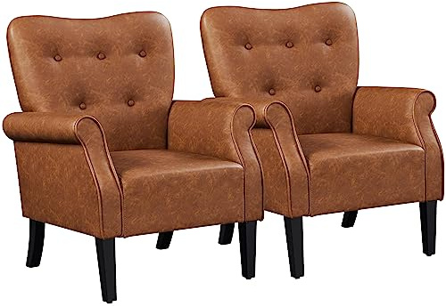 Yaheetech Modern Armchair, Mid Century PU Leather Accent Chair with Sturdy Wood Legs and High Back for Small Space, Upholstered Club Sofa for Living Room/Bedroom, Set of 2, Retro Brown
