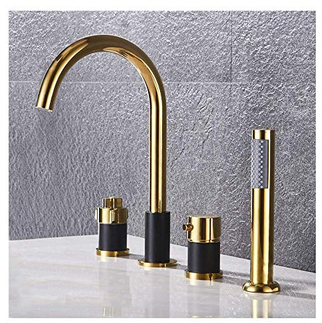 Grifo de llenado de bañera termostático con cabezal de ducha de mano, juego de grifo de bañera generalizado Grifo de bañera de montaje en cubierta Grifo de bañera de 4 agujeros para baño, negro y