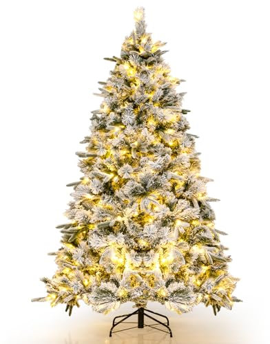 GYMAX Künstlicher Weihnachtsbaum 180 cm, Tannenbaum mit 752 PVC- & PE-Spitzen, Kunstbaum Christbaum mit Schnee & 250 LED-Leuchten, für Zuhause, Büro & Einkaufszentrum