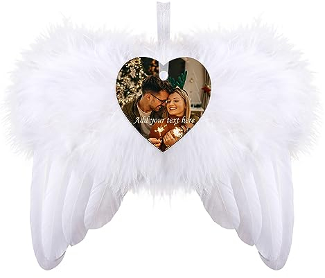 Décoration de Noël personnalisée en Forme d'ailes d'ange Blanches, Plumes suspendues avec Ornements de cœur personnalisés pour Mariage, décoration personnalisée de fête