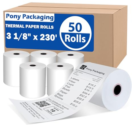 (50 Rolls) 3 1/8 x 230 Thermal Paper Receipt Rolls (55 GSM Premium Quality) Fits All POS Cash Registers BPA Free