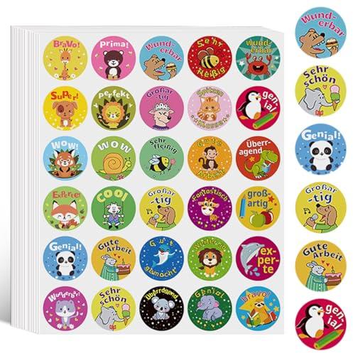Vordpe 600 Stück Motivationsaufkleber für Kinder, Selbstklebende Runde Tier Belohnungsaufkleber, Sticker Motivationssticker, für Lehrer Eltern im Unterricht und zu Hause