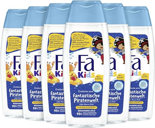 FA Duschgel & Shampoo for Kids (6x 250ml) fantastische Piratenwelt wilder Meeres-Duft, mit Provitamin B5 für Haut & Haar ohne künstliche Farbstoffe, 95% Inhaltstsoffe natürlichen Ursprungs