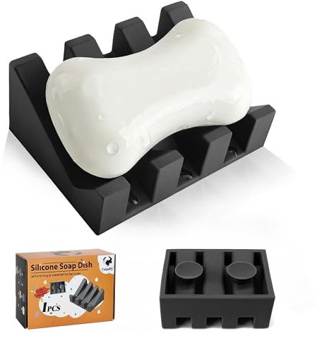 Coipdfty Soap Dish Holder for Shower with Suction Cup, Silicone Soap Holder & Saver Self-Draining Bar Soap Dish Keeps Soap Dry for Bathroom, Kitchen, Bathtub, Extends Soap Life (Black-1Pack)