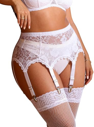 comeondear Women Sexy Lace Suspender Belt Mesh Garter Plus Size Sexy Lingerie Set with 6 Wide Elastic Adjustable Straps Metal Clip for Stockings White