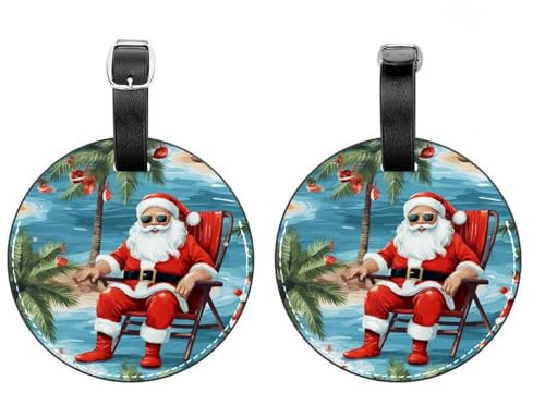 Gepäckanhänger aus Leder, rund, Weihnachtsmann, Urlaub, Kreuzfahrt, mit Sichtschutz und Namensschild, geeignet für Reisen, Handtaschen, Rucksäcke, Schultaschen, Gepäckanhänger, 2 Stück