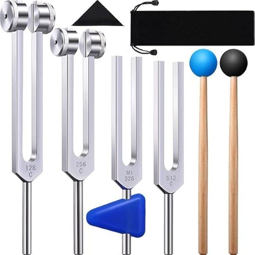 Tagtight 4 Pcs Stimmgabel, Stimmgabel Neurologie Set mit Hammer (128 Hz, 256 Hz, 512 Hz, 528 Hz), Stimmgabel-Instrument für Klangheilungs, Reparatur Heilung, Musikinstrument, Ausgleich, Medizinisch