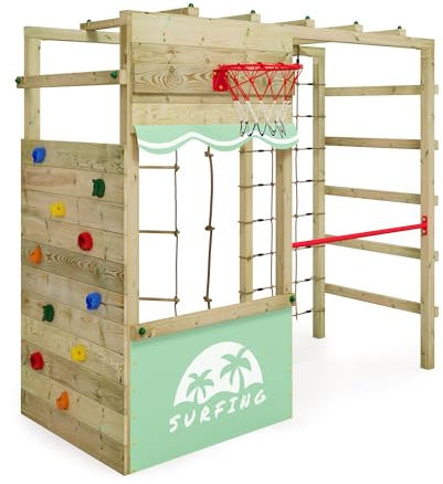 Wickey Klettergerüst Outdoor Spielturm Smart Action mit pastellblauer Plane, Spielgerät mit Kletterwand, Basketballkorb & Spiel-Zubehör für Kinder im Garten aus Holz