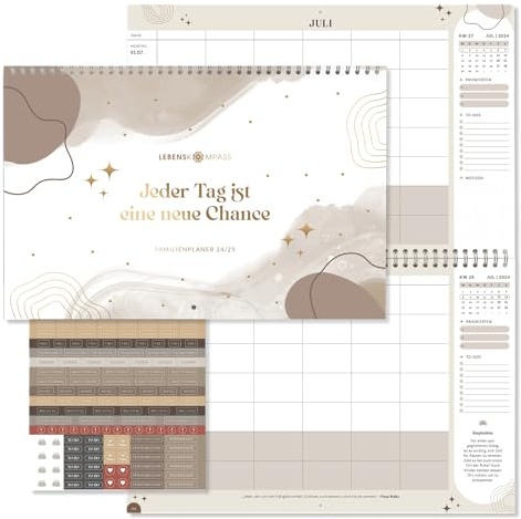 Lebenskompass Wandkalender 2025 - Familienplaner 2025 MOCHA mit Stickerset und Extra Viel Platz zum Eintragen - Kalender 2025 - Familienkalender sofort nutzbar bis Dez 2025