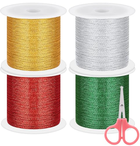 Swpeet 5 corde elastiche metalliche da 50 metri, 4 colori, 50 m, con forbici, corda metallica, corde elastiche metalliche per confezionare regali di Natale