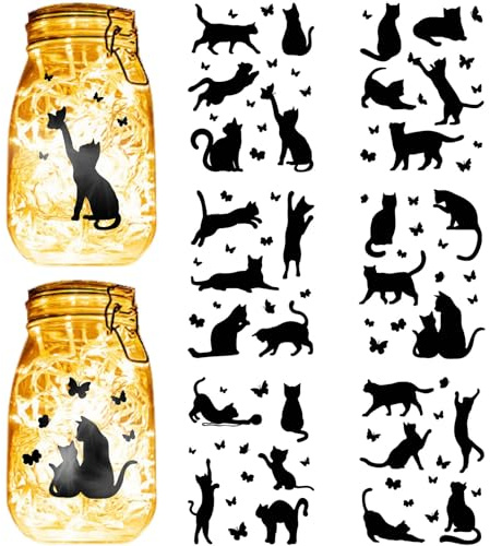 CREATCABIN 12 Sheets 6 Styles Black Cat Mason Jar Decals Butterfly Stickers Die Cuts Silhouettes Self-Adhesive PVC Waterproof for Craft Scrapbook Lantern Jars Wall Windows Glass Phones Cup 7.8x5.9Inch