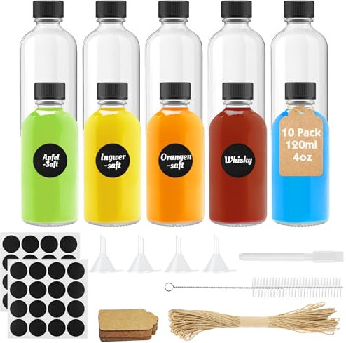 Furuising 10 Piezas 120ml Mini Botella Cristal, Pequeña Shots Botellitas, Riutilizzabile Mini Botellas de Cristal con Bolígrafo, Colgante, Embudo para Jengibre, Licor, Bebidas