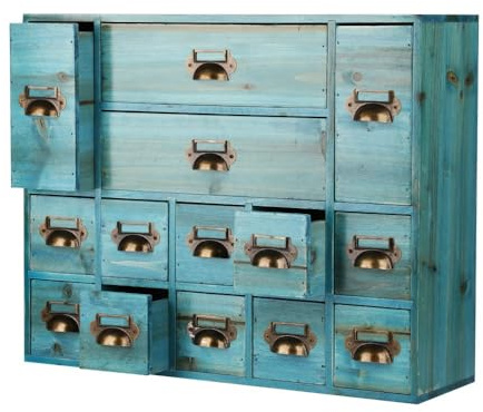 Apothecary Drawers Card Catalog Cabinet with 14 Drawers Wooden Card Catalog Wooden Storage Box for Desktop Organizer (Blue)